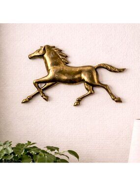 Mid Century Brass Horse Wall Plaque Galloping Equestrian Art 10.5" x 7"
